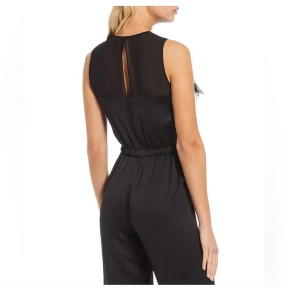 (NWT) Size 4, MICHAEL Micheal Kors Ostrich Feather Trim, Keyhole Back, Jumpsuit - Picture 2 of 4